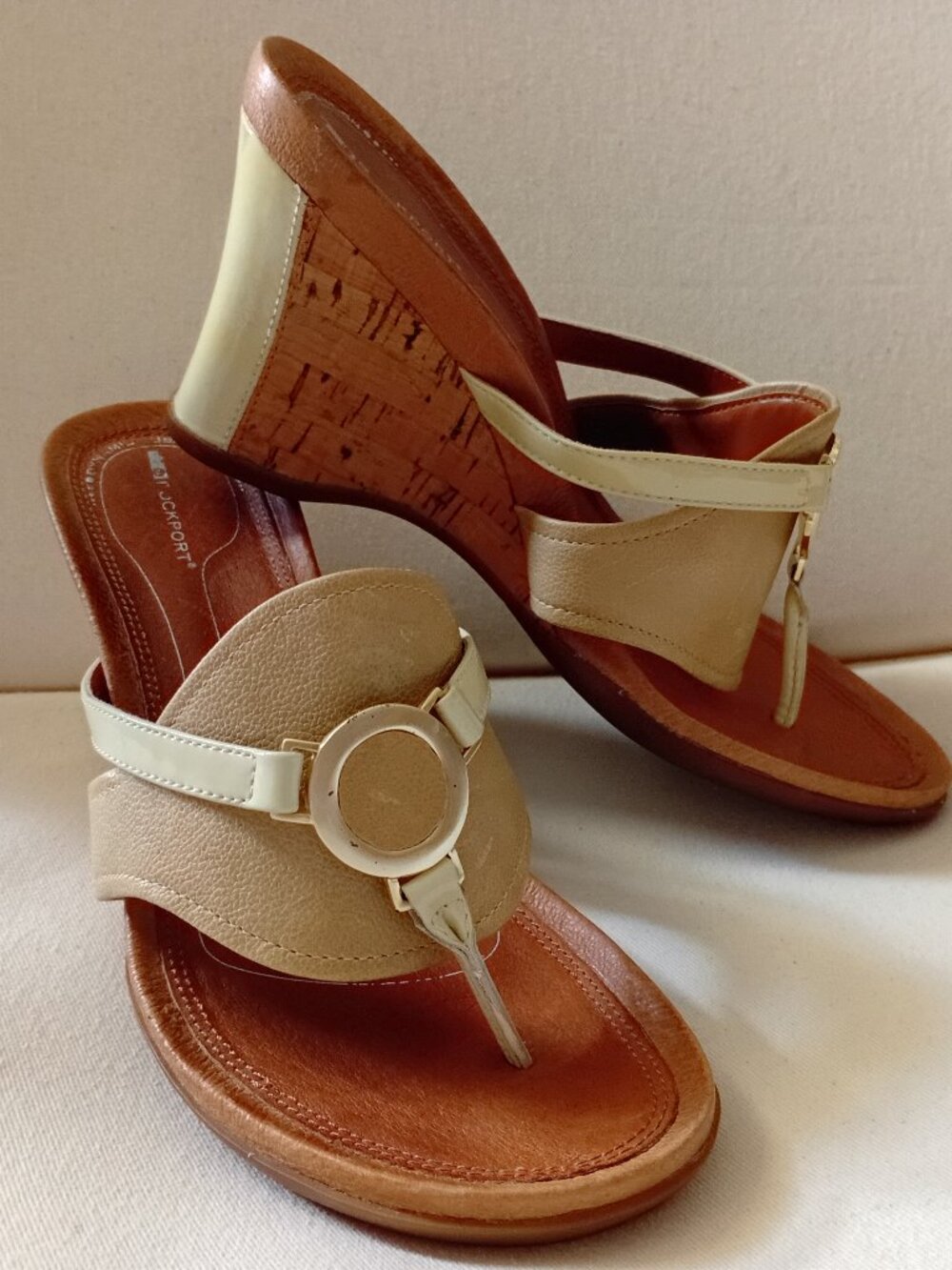 Rockport Leather & Cork Wedge Thong  Sandals